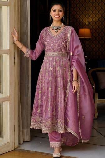 Women Floral Embroidered Empire Mirror Work Kurta with Trousers & With Dupatta