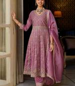 Women Floral Embroidered Empire Mirror Work Kurta with Trousers & With Dupatta