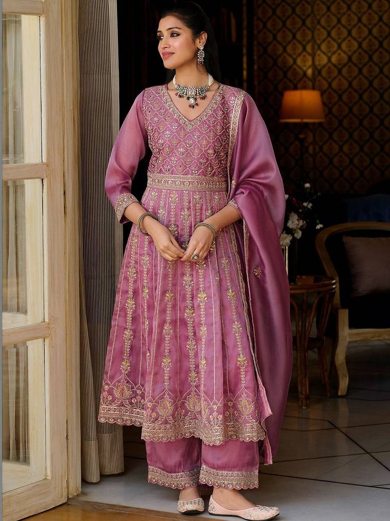 Women Floral Embroidered Empire Mirror Work Kurta with Trousers & With Dupatta