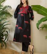 Women Animal Printed Tiered Thread Work  Cotton Kurta with Trousers