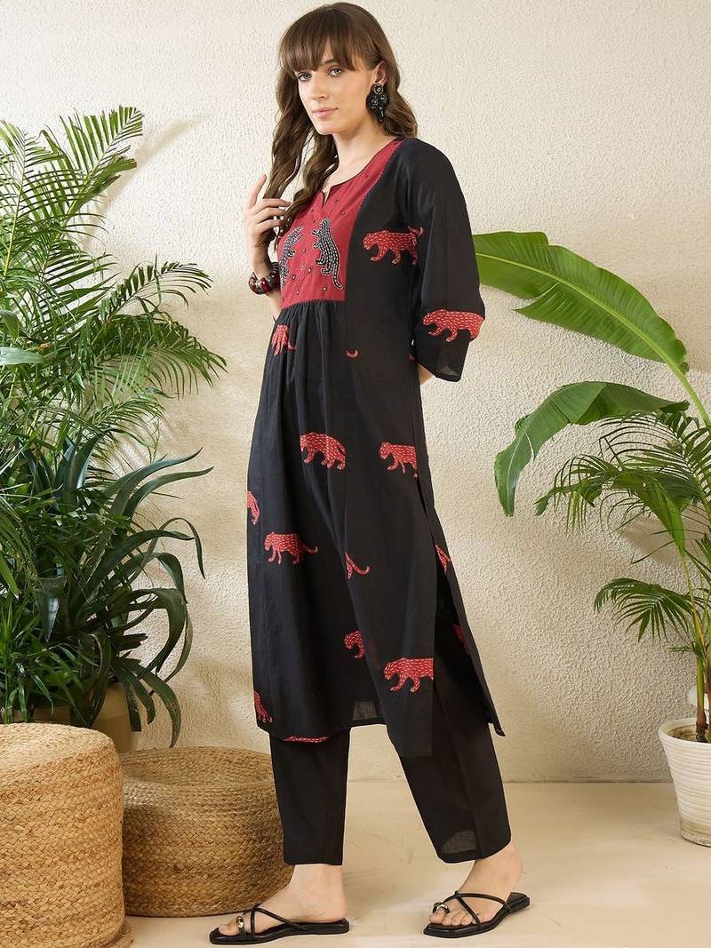 Women Animal Printed Tiered Thread Work  Cotton Kurta with Trousers