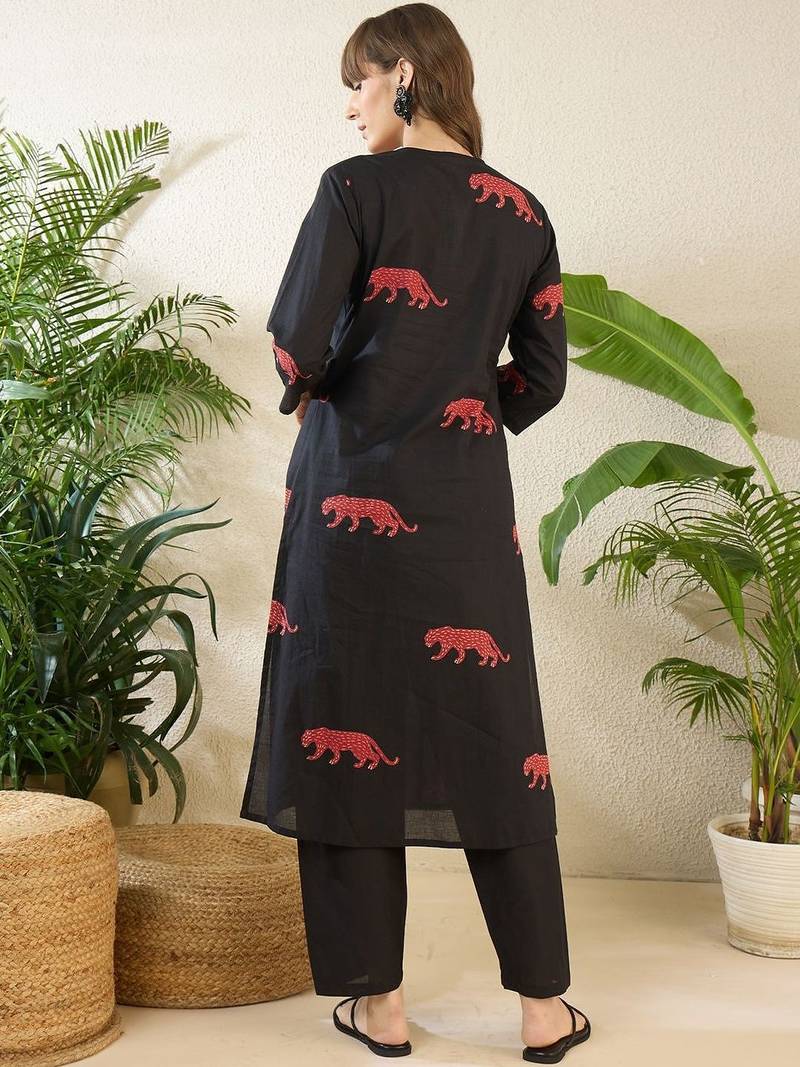 Women Animal Printed Tiered Thread Work  Cotton Kurta with Trousers