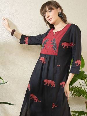 Women Animal Printed Tiered Thread Work  Cotton Kurta with Trousers 6