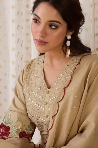 Women Yoke Design Embroidered Cotton Kurta with Trousers & Dupatta