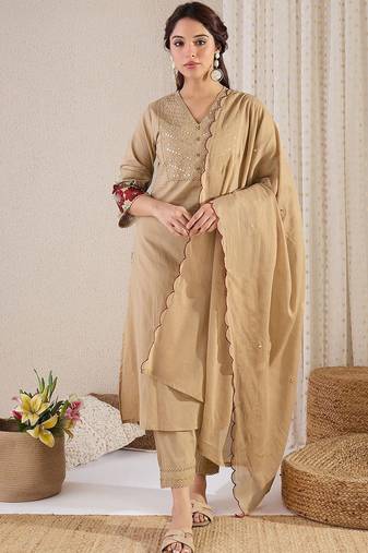 Women Yoke Design Embroidered Cotton Kurta with Trousers & Dupatta
