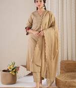 Women Yoke Design Embroidered Cotton Kurta with Trousers & Dupatta