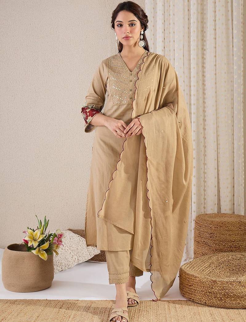 Women Yoke Design Embroidered Cotton Kurta with Trousers & Dupatta