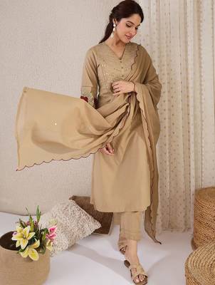 Women Yoke Design Embroidered Cotton Kurta with Trousers & Dupatta 3