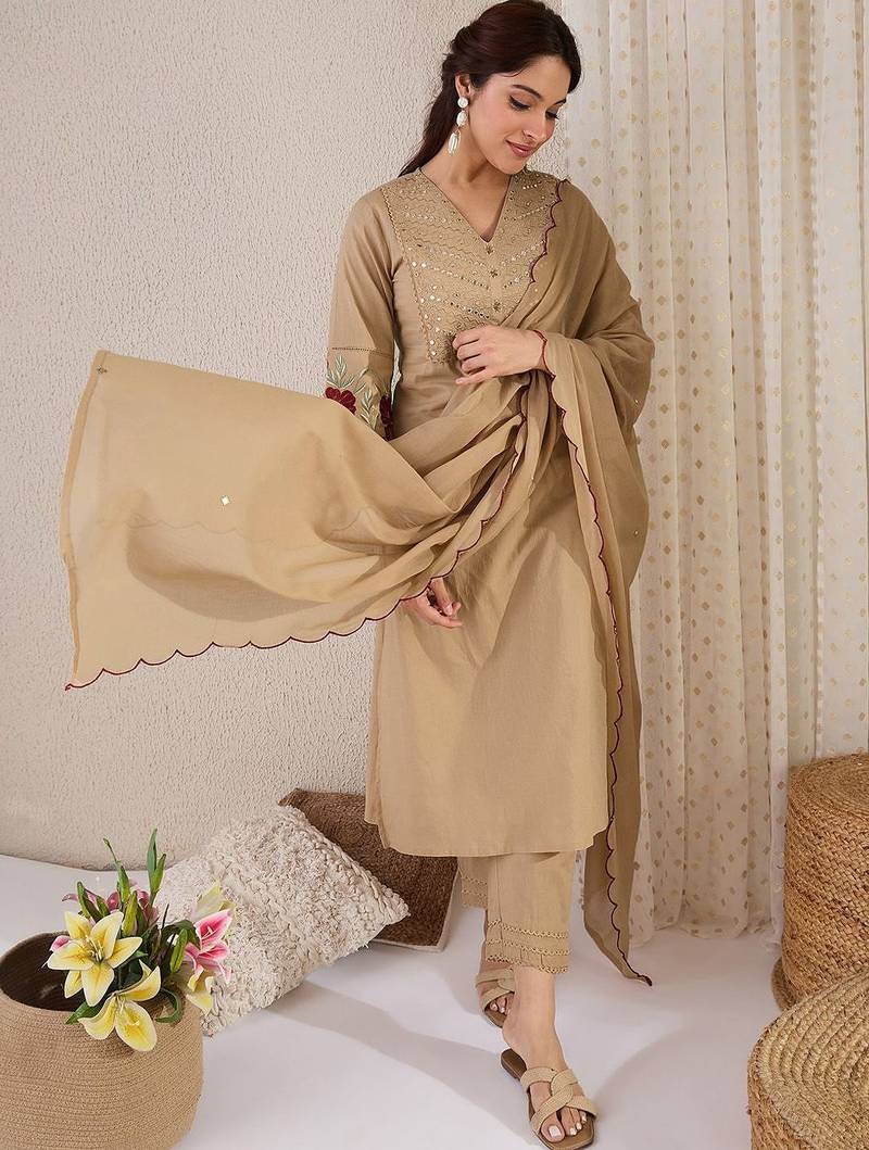 Women Yoke Design Embroidered Cotton Kurta with Trousers & Dupatta