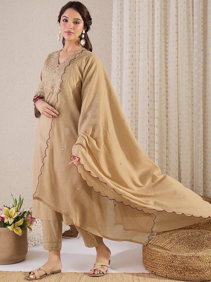 Women Yoke Design Embroidered Cotton Kurta with Trousers & Dupatta