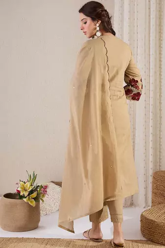 Women Yoke Design Embroidered Cotton Kurta with Trousers & Dupatta