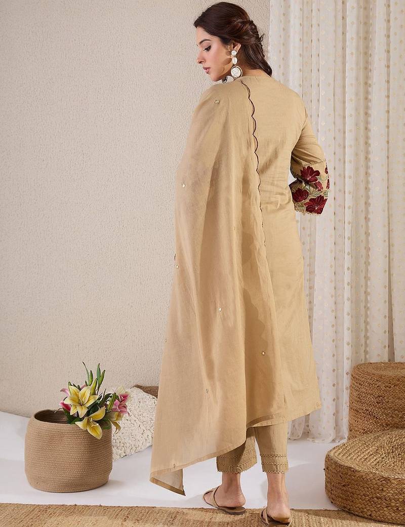 Women Yoke Design Embroidered Cotton Kurta with Trousers & Dupatta