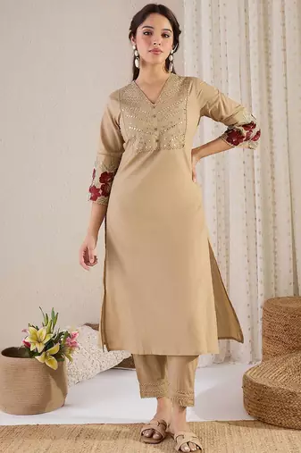 Women Yoke Design Embroidered Cotton Kurta with Trousers & Dupatta