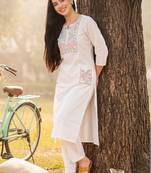 Women Floral Embroidered Regular Thread Work Pure Cotton Kurta with Trousers
