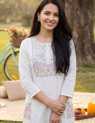 Women Floral Embroidered Regular Thread Work Pure Cotton Kurta with Trousers 2