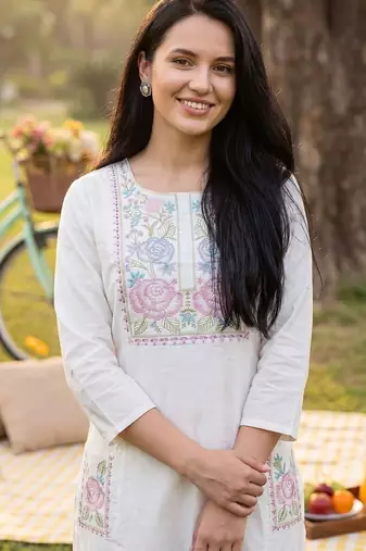 Women Floral Embroidered Regular Thread Work Pure Cotton Kurta with Trousers