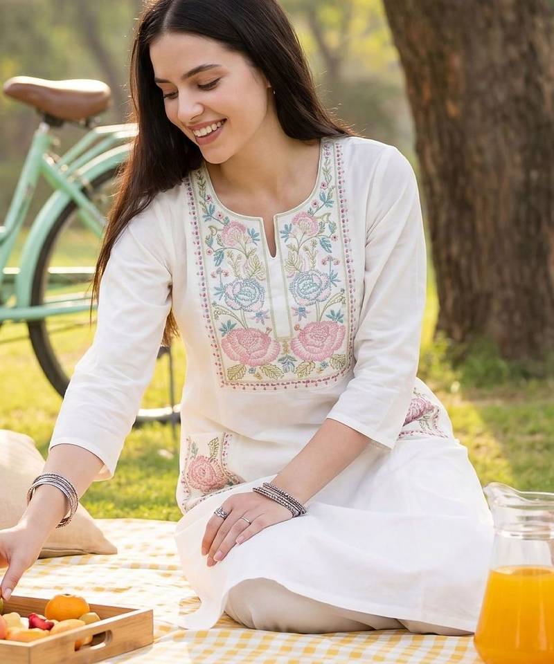 Women Floral Embroidered Regular Thread Work Pure Cotton Kurta with Trousers
