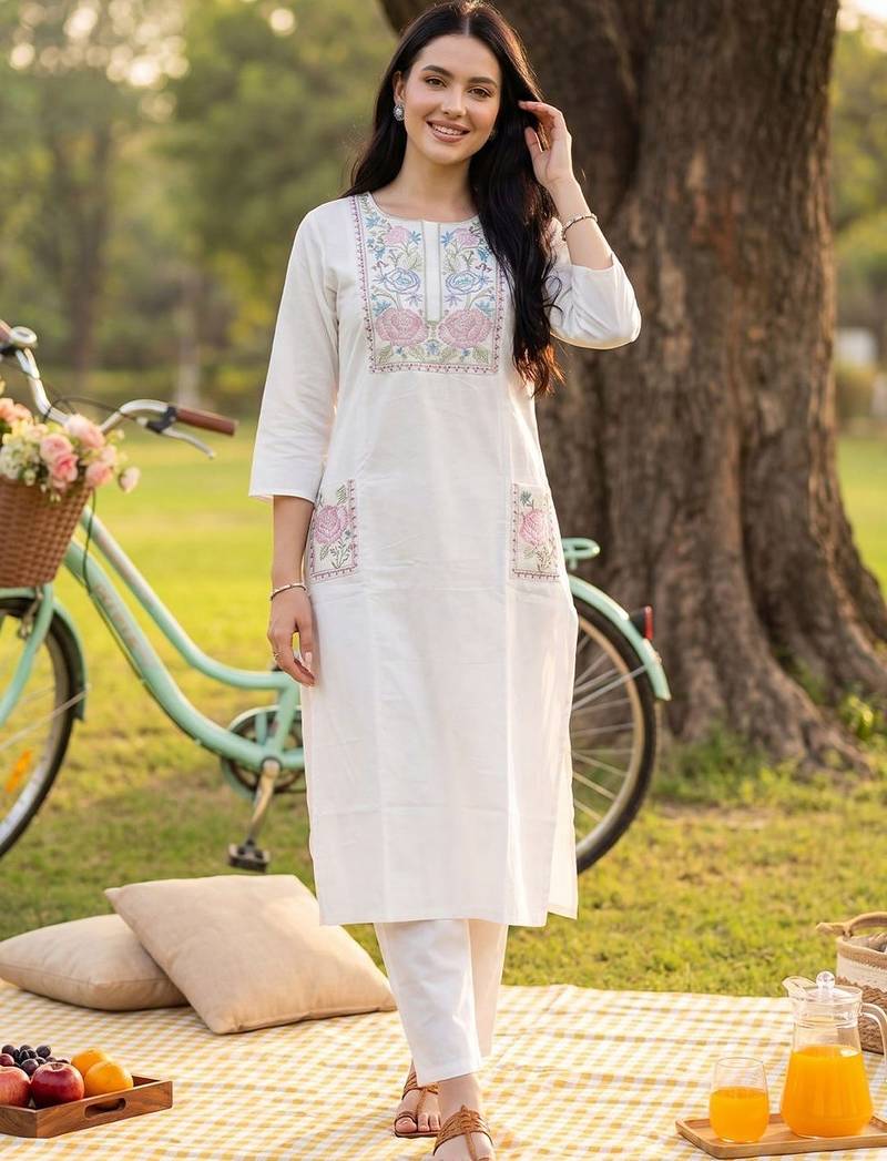 Women Floral Embroidered Regular Thread Work Pure Cotton Kurta with Trousers