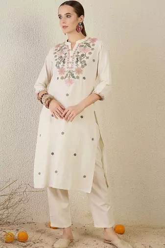 Women Floral Embroidered Regular Thread Work Pure Cotton Kurta with Trousers
