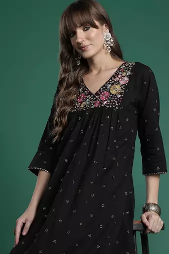 Floral Embroidered Empire Thread Work Pure Cotton Kurta with Palazzos