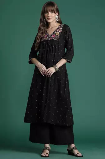 Floral Embroidered Empire Thread Work Pure Cotton Kurta with Palazzos