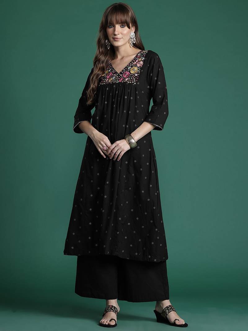 Floral Embroidered Empire Thread Work  Cotton Kurta with Palazzos