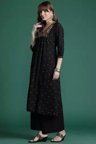 Floral Embroidered Empire Thread Work Pure Cotton Kurta with Palazzos