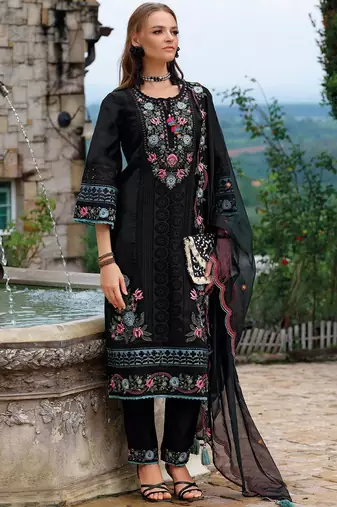 Floral Embroidered Tie-Up Neck Thread Work Straight Kurta With Trousers & Dupatta
