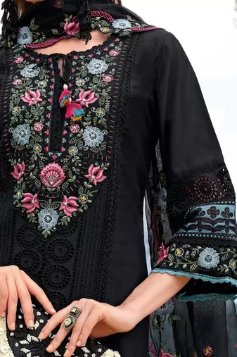Floral Embroidered Tie-Up Neck Thread Work Straight Kurta With Trousers & Dupatta