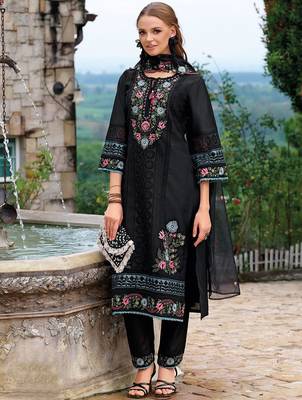 Floral Embroidered Tie-Up Neck Thread Work Straight Kurta With Trousers & Dupatta 4