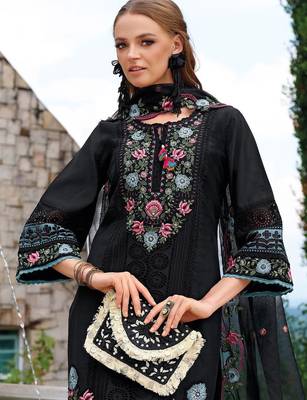 Floral Embroidered Tie-Up Neck Thread Work Straight Kurta With Trousers & Dupatta 7