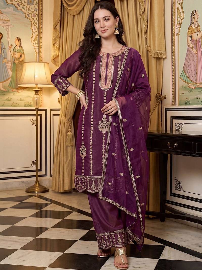 Women Ethnic Motifs Embroidered Regular Thread Work Kurta with Palazzos & With Dupatta