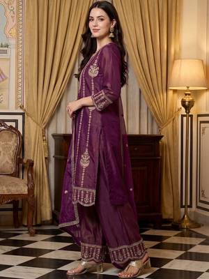 Women Ethnic Motifs Embroidered Regular Thread Work Kurta with Palazzos & With Dupatta 4