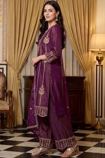 Women Ethnic Motifs Embroidered Regular Thread Work Kurta with Palazzos & With Dupatta