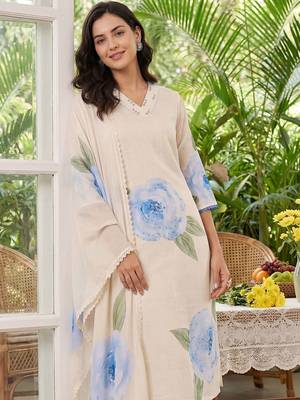 Women Floral Printed Regular Linen Kurta with Trousers & With Dupatta 4