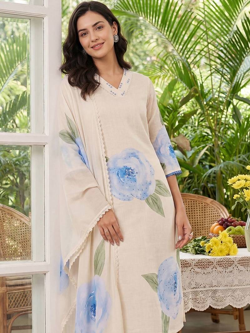 Women Floral Printed Regular Linen Kurta with Trousers & With Dupatta