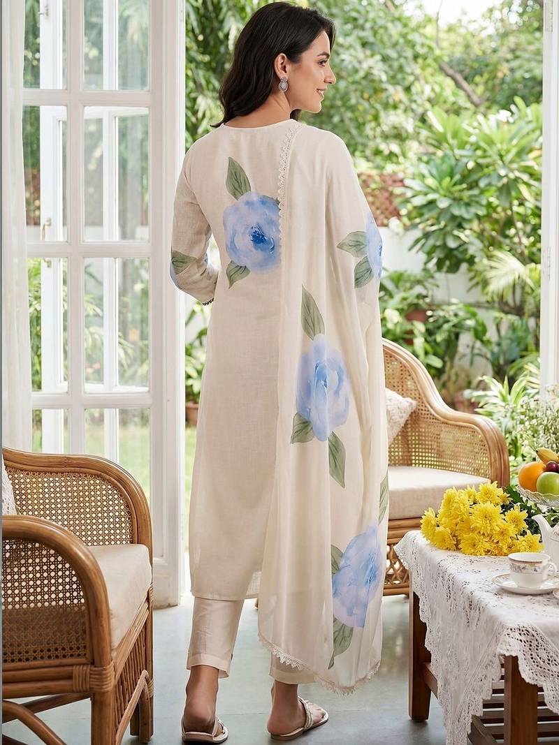 Women Floral Printed Regular Linen Kurta with Trousers & With Dupatta