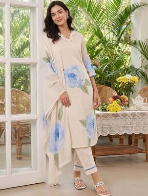Women Floral Printed Regular Linen Kurta with Trousers & With Dupatta 6