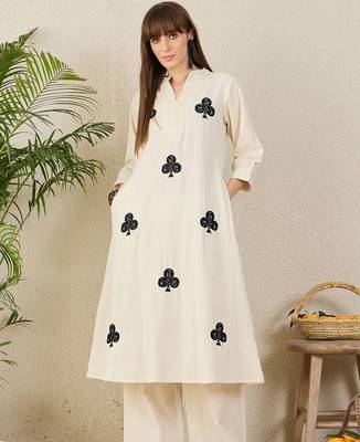 Floral Embroidered Mandarin Collar Thread Work  Cotton A-Line Kurta & Palazzo 1