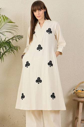 Floral Embroidered Mandarin Collar Thread Work  Cotton A-Line Kurta & Palazzo