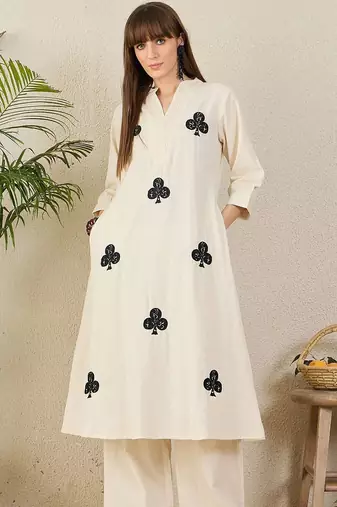 Floral Embroidered Mandarin Collar Thread Work  Cotton A-Line Kurta & Palazzo