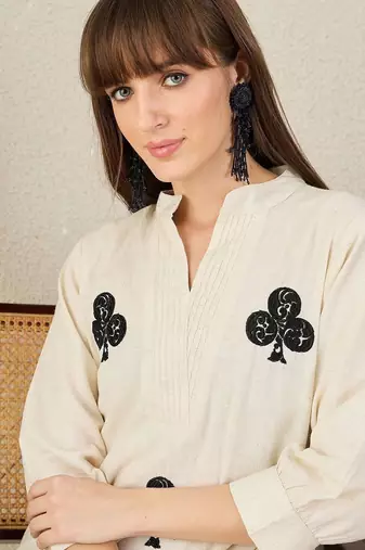 Floral Embroidered Mandarin Collar Thread Work  Cotton A-Line Kurta & Palazzo
