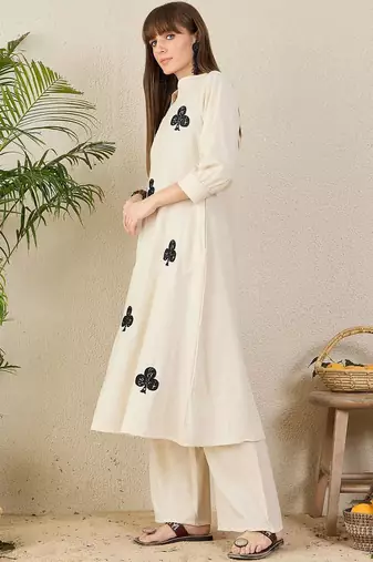 Floral Embroidered Mandarin Collar Thread Work  Cotton A-Line Kurta & Palazzo