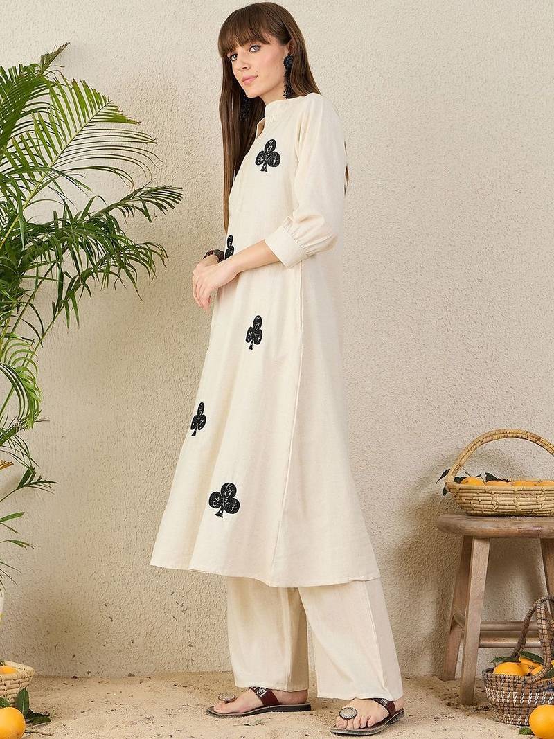 Floral Embroidered Mandarin Collar Thread Work  Cotton A-Line Kurta & Palazzo