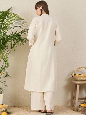 Floral Embroidered Mandarin Collar Thread Work  Cotton A-Line Kurta & Palazzo 4