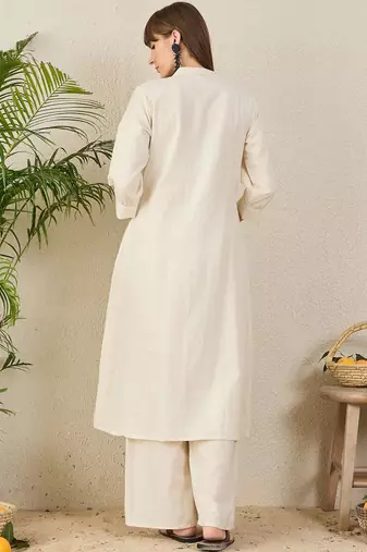Floral Embroidered Mandarin Collar Thread Work  Cotton A-Line Kurta & Palazzo