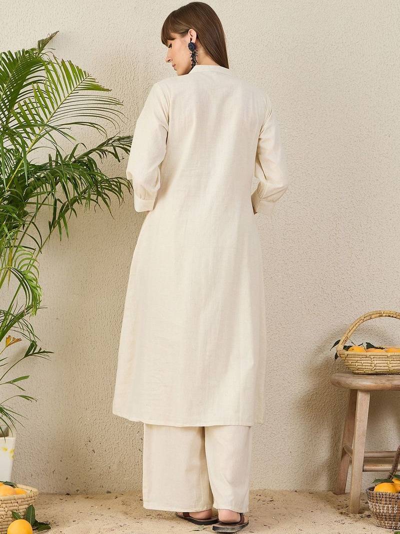 Floral Embroidered Mandarin Collar Thread Work  Cotton A-Line Kurta & Palazzo