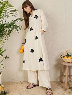 Floral Embroidered Mandarin Collar Thread Work  Cotton A-Line Kurta & Palazzo 5
