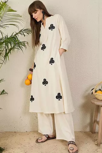 Floral Embroidered Mandarin Collar Thread Work  Cotton A-Line Kurta & Palazzo