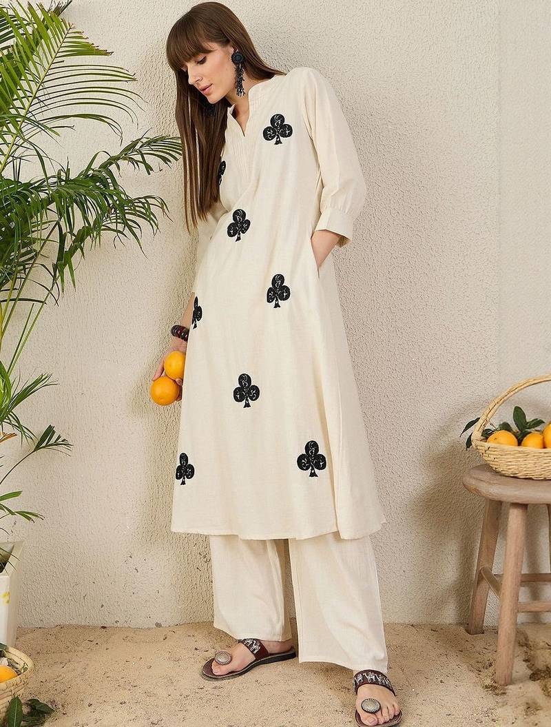 Floral Embroidered Mandarin Collar Thread Work  Cotton A-Line Kurta & Palazzo